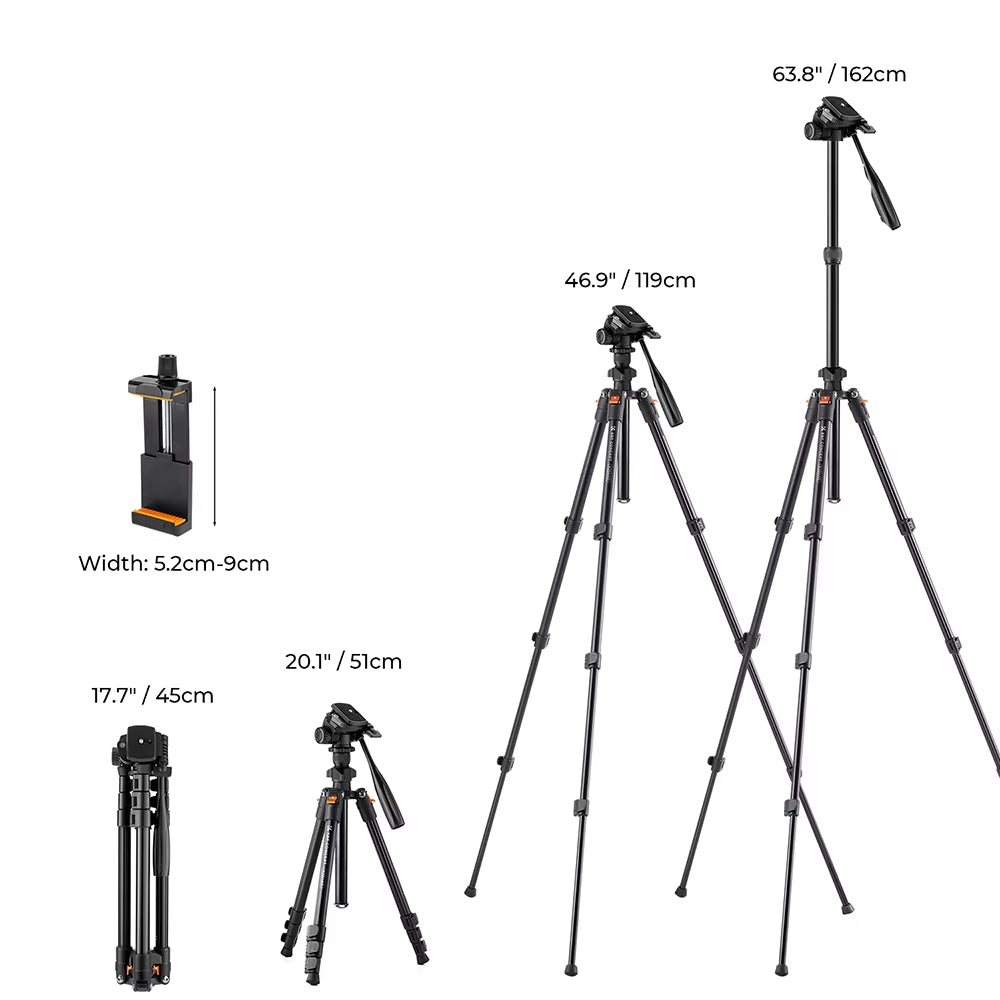 64Inch/162Cm Video Tripod Lightweight Aluminum Tripods for Photography Live Streaming DSLR Camera Phone Holder Stand