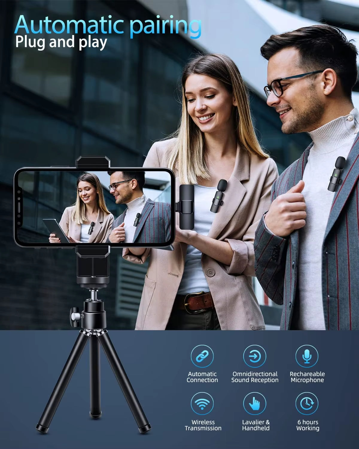 3 in 1 Wireless Microphone for Iphone Android Wireless Lavalier Microphone Noise Canceling Lapel Mic for Interview Video Podcast
