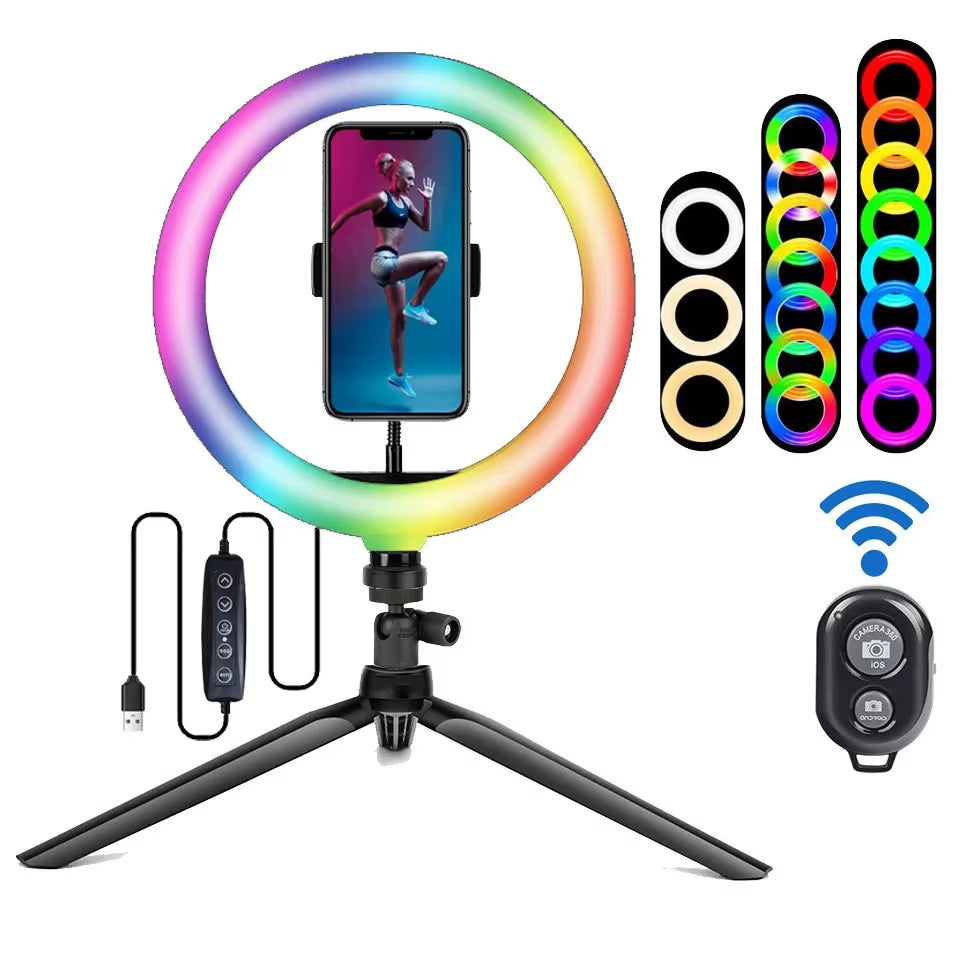 26CM RGB Fill Photography Lighting Phone Ringlight Tripod Stand Photo Led Selfie Remote Control Ring Light Lamp Youtube Live