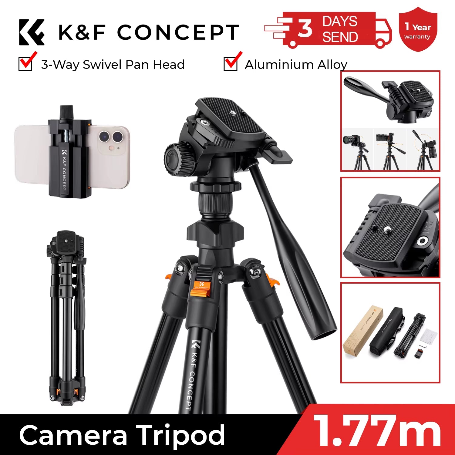 64Inch/162Cm Video Tripod Lightweight Aluminum Tripods for Photography Live Streaming DSLR Camera Phone Holder Stand